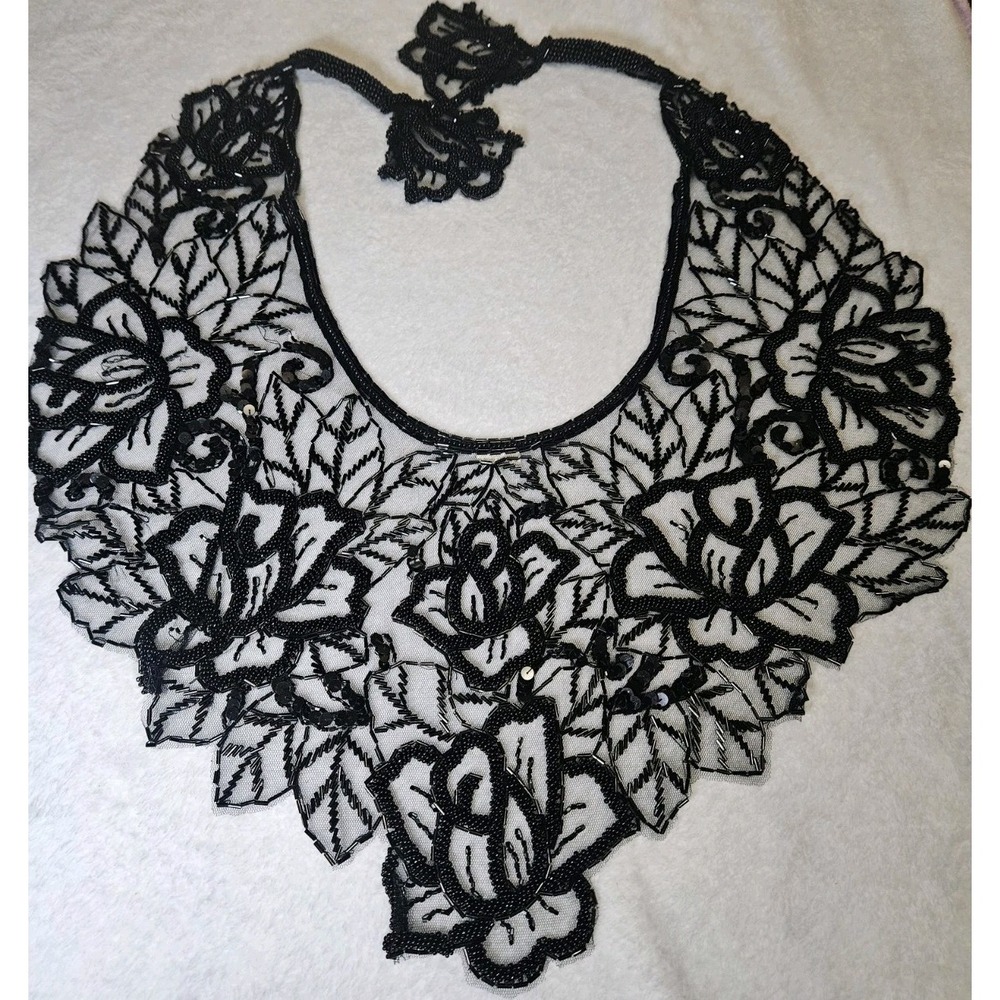 Vintage Lace Collar Wrap Shrug Shawl Beaded Sequins Floral Black Goth Accessory